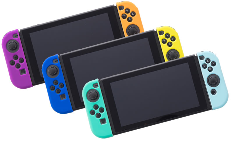 CYBER・シリコングリップカバー セット（SWITCH Joy-Con用）パープル×オレンジ／ブルー×イエロー／ライトグリーン×ライトブルーをJoy-Conに装着