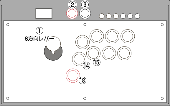 アーケードフリーク②ボタン、⑱ボタン、8方向レバー、⑭ボタン、⑮ボタン、③ボタン